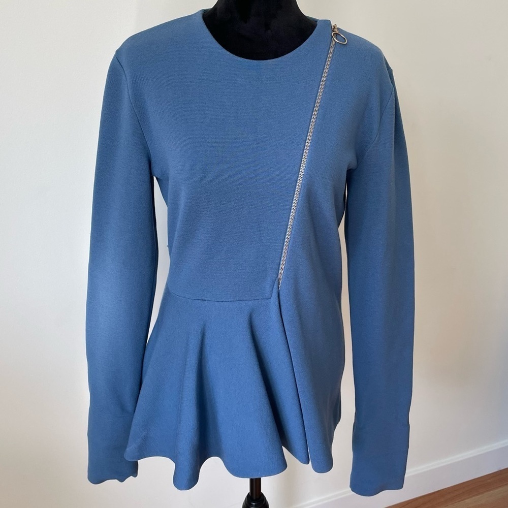 Stella Mccartney Blue Asymmetric Zipper Wool Jersey Sweater Jacket IT 46 US 10